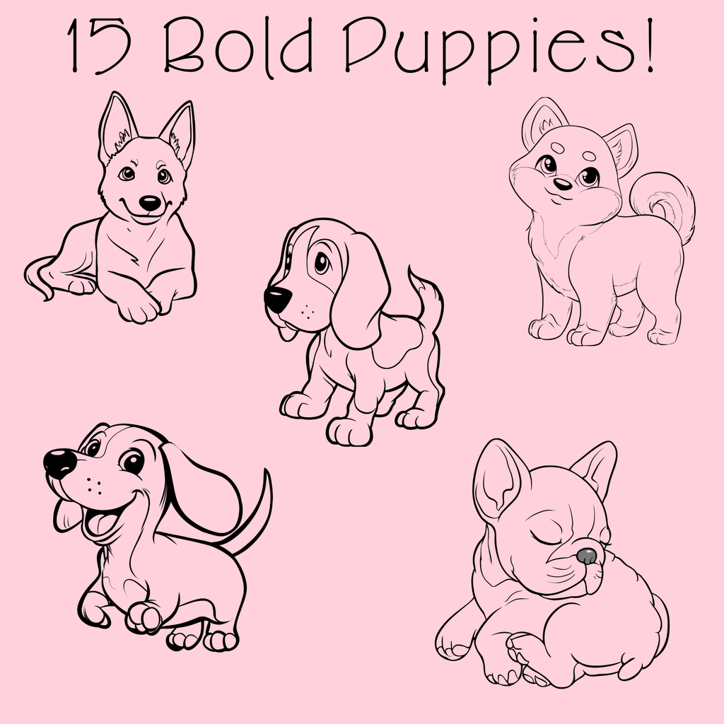 Bold and Easy Puppy Coloring Pages PDF - 15 Dog Breeds, Kids Activity