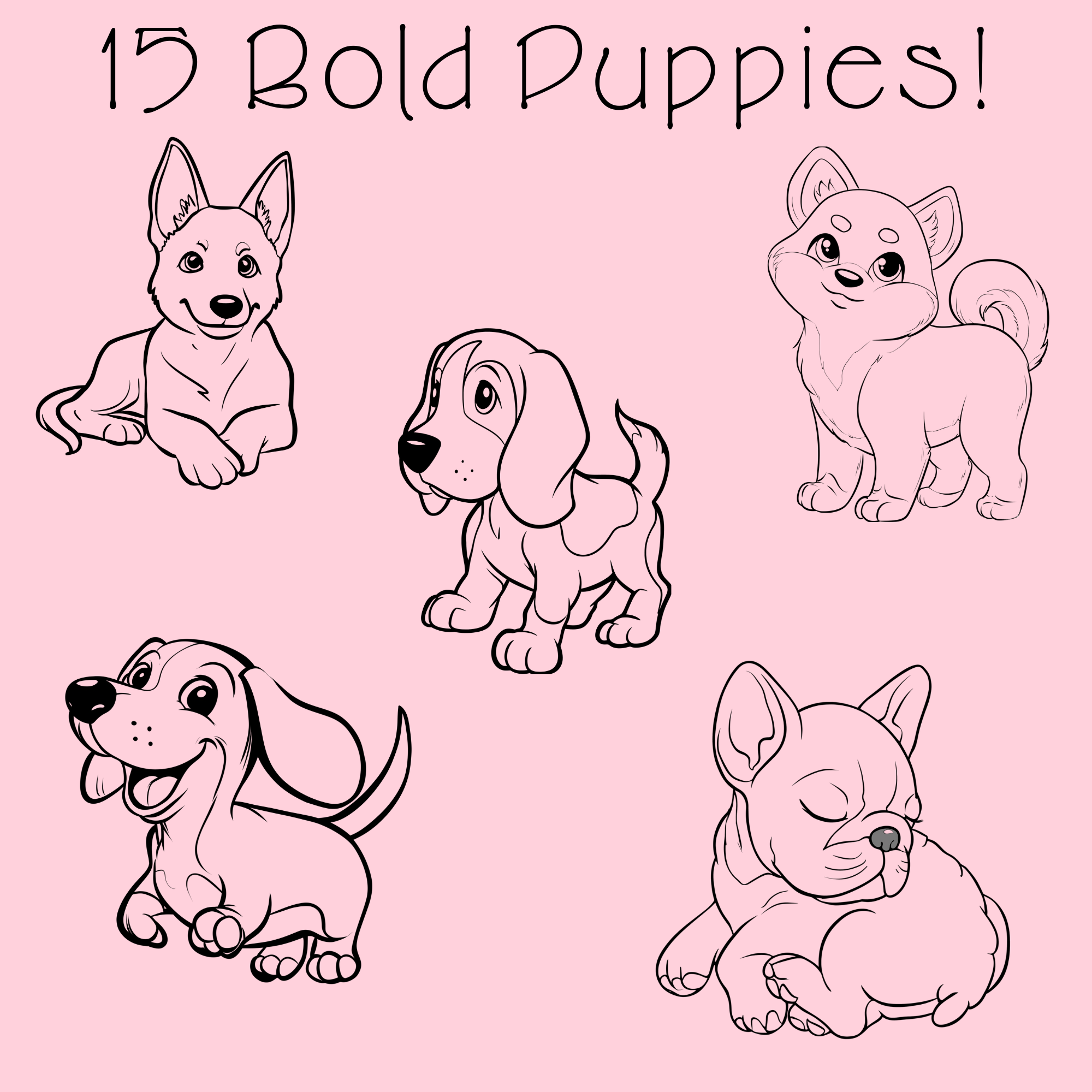 Bold and Easy Puppy Coloring Pages PDF - 15 Dog Breeds, Kids Activity