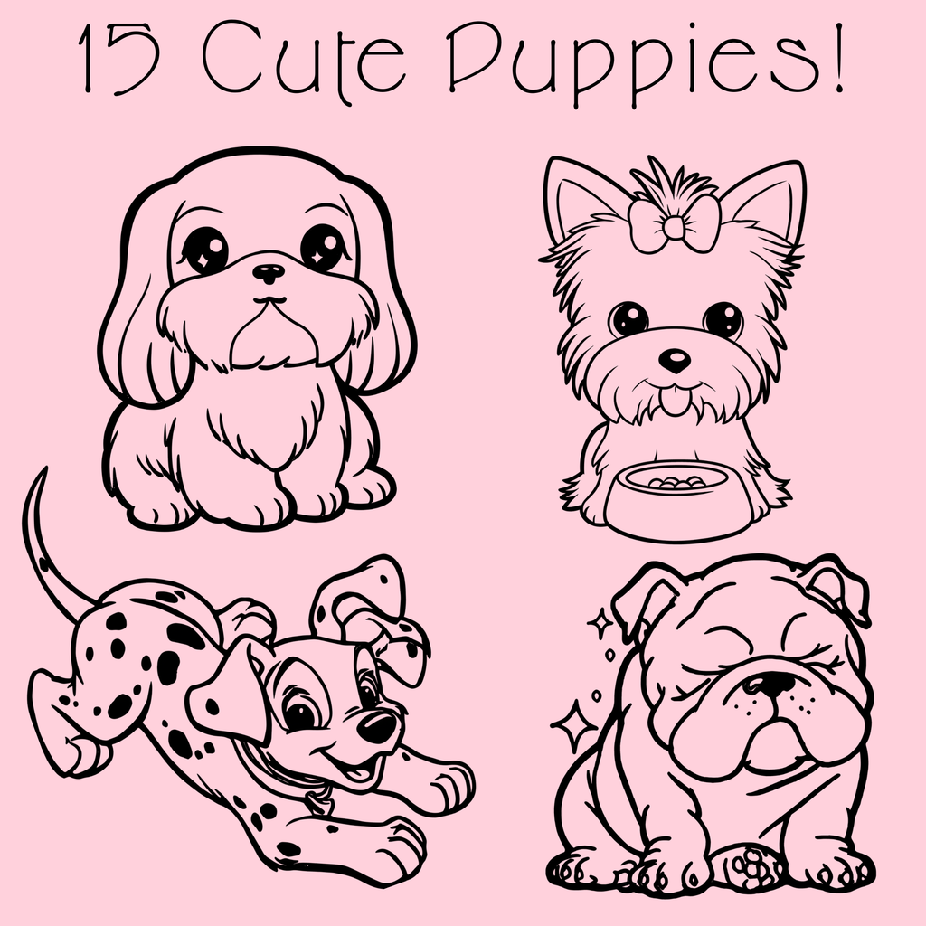 Cute Kawaii Puppy Coloring Pages for Kids, 15 Adorable Dog Breeds Coloring Book, Printable Coloring Sheets, Digital Download, Kids Activity