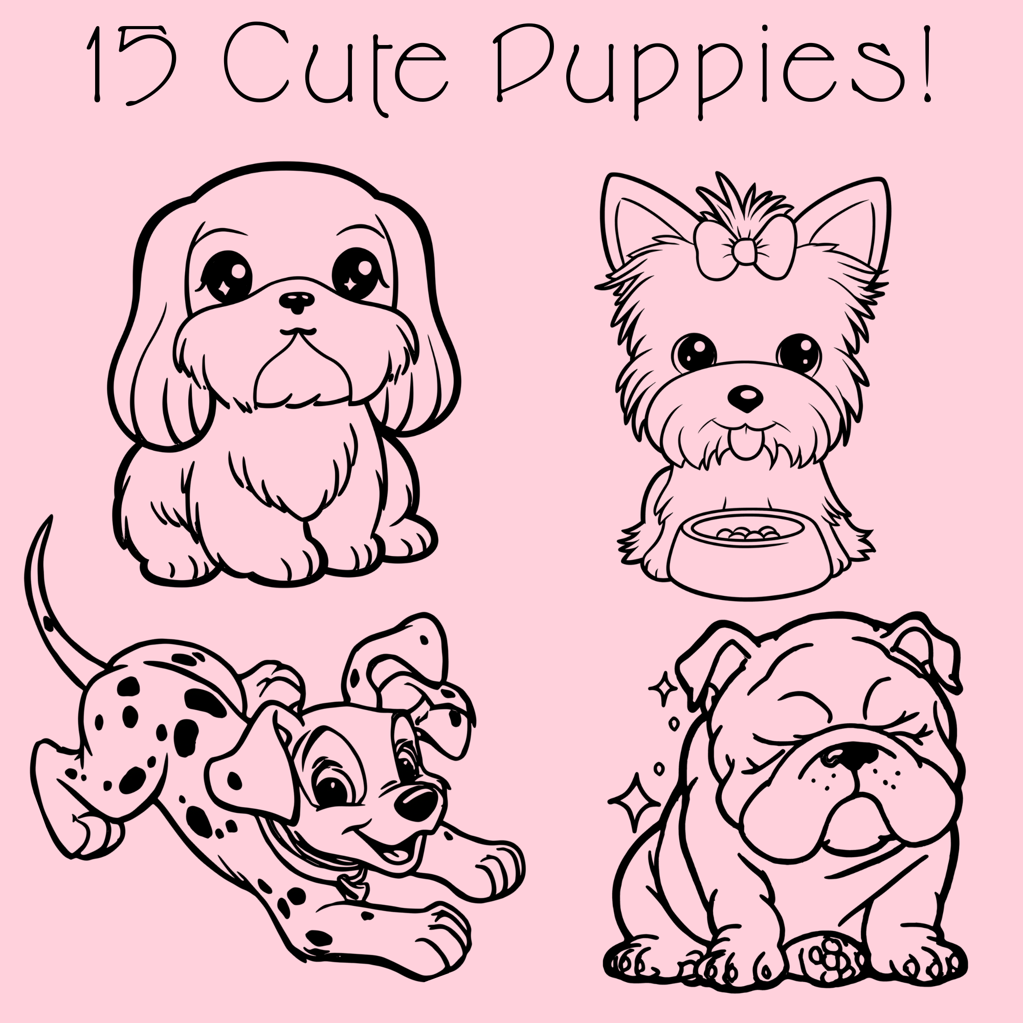 Cute Kawaii Puppy Coloring Pages for Kids, 15 Adorable Dog Breeds Coloring Book, Printable Coloring Sheets, Digital Download, Kids Activity