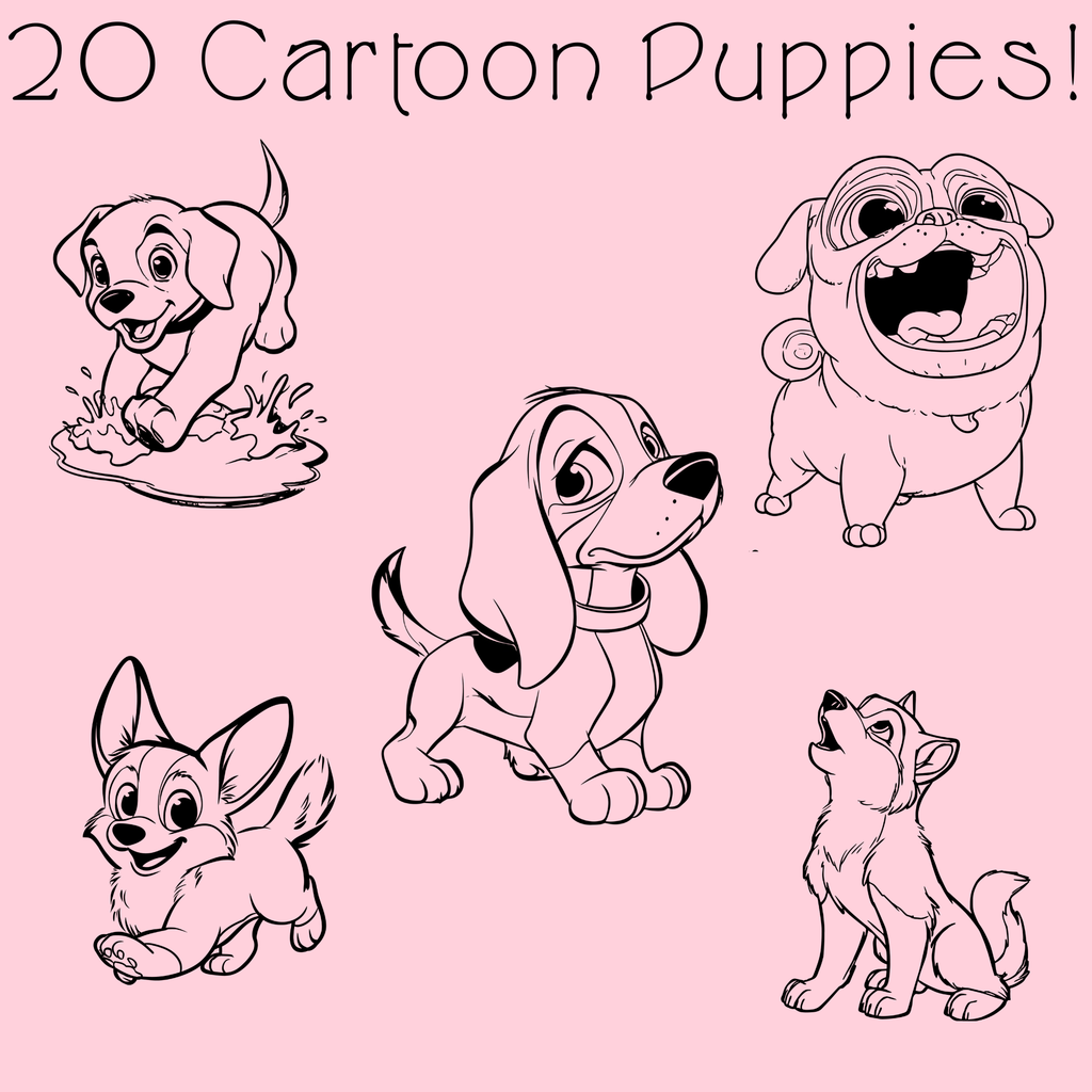 Cartoon Puppy Coloring Book PDF - 20 Fun Dog Breeds, Kids Activity Pages