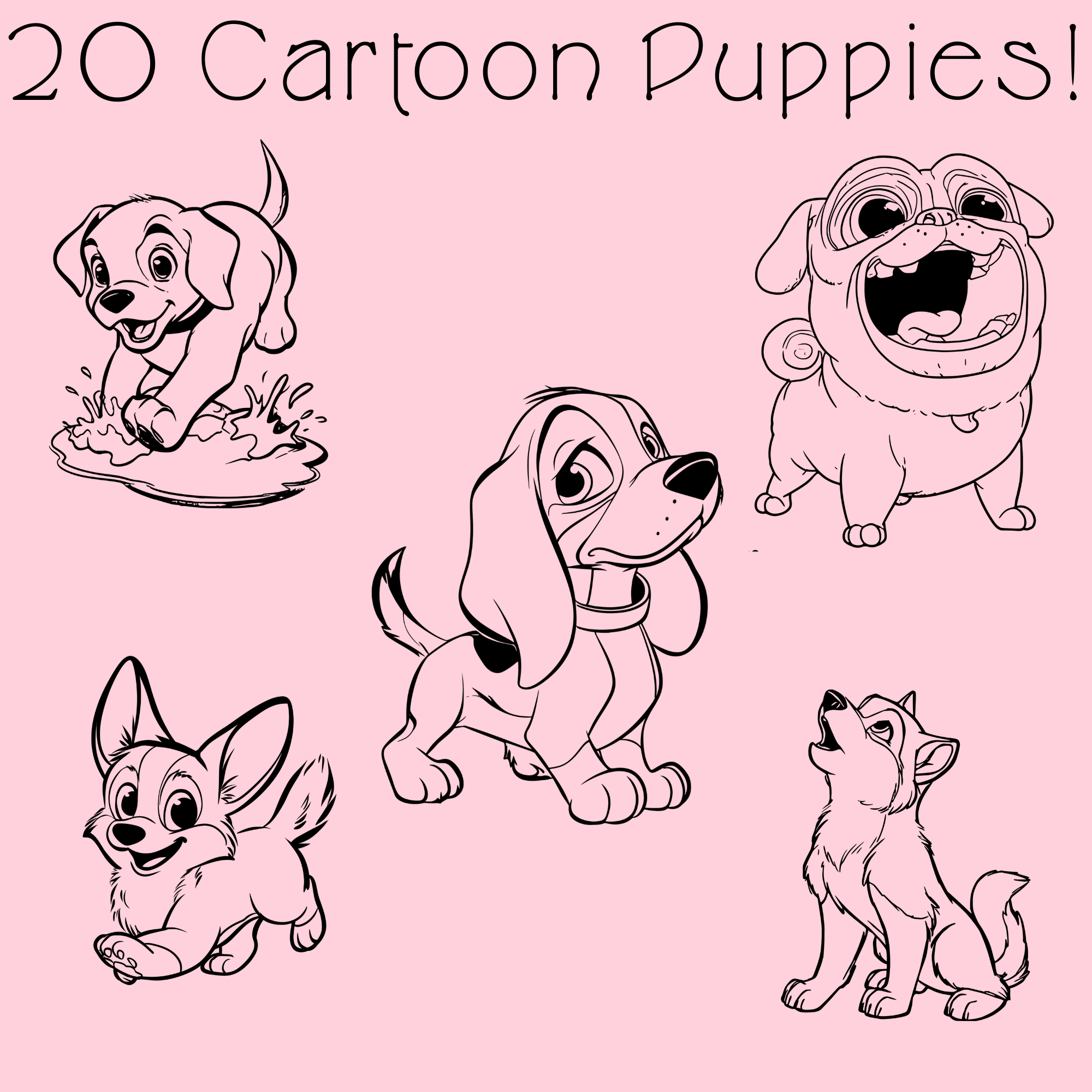 Cartoon Puppy Coloring Book PDF - 20 Fun Dog Breeds, Kids Activity Pages