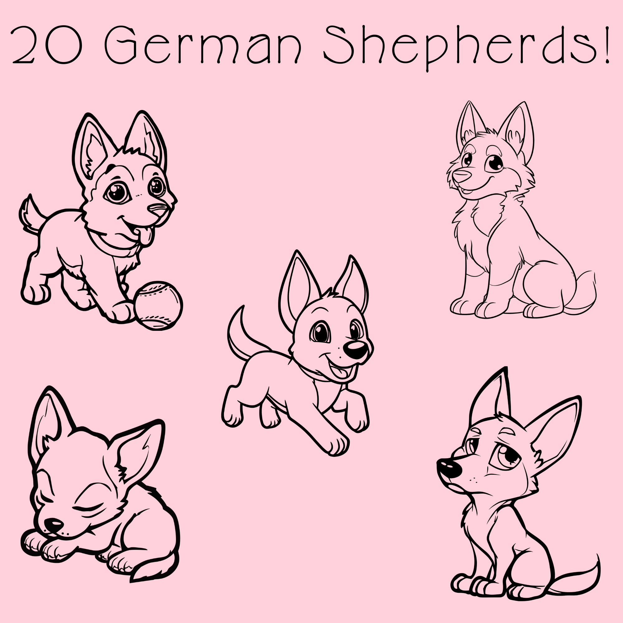 German Shepherd Coloring Book PDF - 20 Kawaii Puppy Pages, Kids Activity