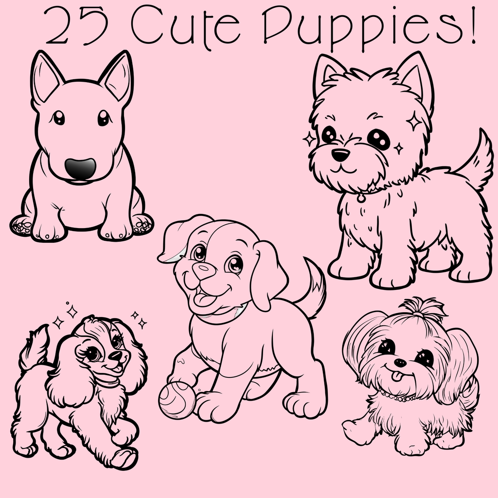 Kawaii Puppy Coloring Book PDF - 25 Dog Breeds, Kids Activity Pages