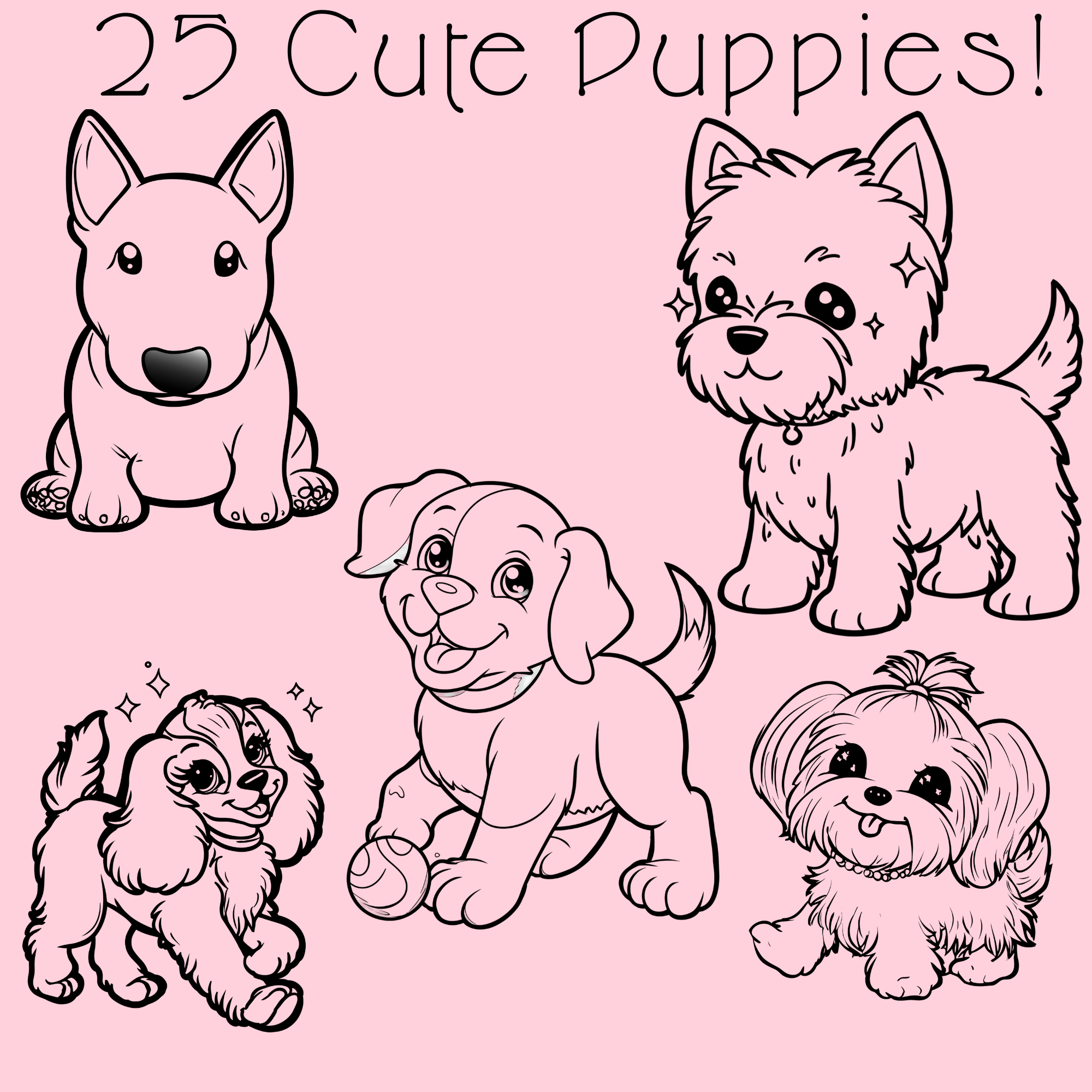 Kawaii Puppy Coloring Book PDF - 25 Dog Breeds, Kids Activity Pages