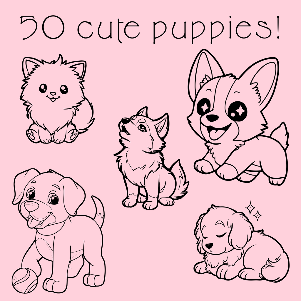 Kawaii Puppy Coloring Book PDF - 50 Dog Breeds, Kids Activity Pages