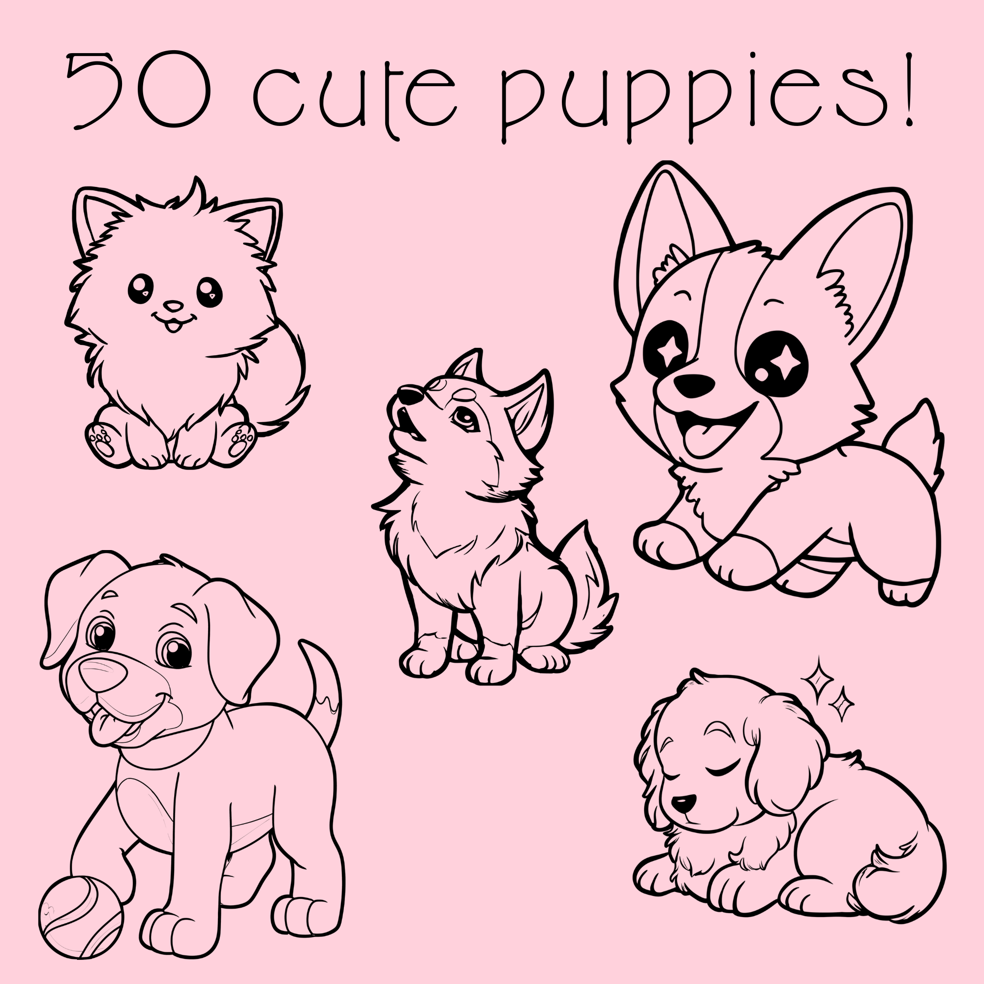 Kawaii Puppy Coloring Book PDF - 50 Dog Breeds, Kids Activity Pages