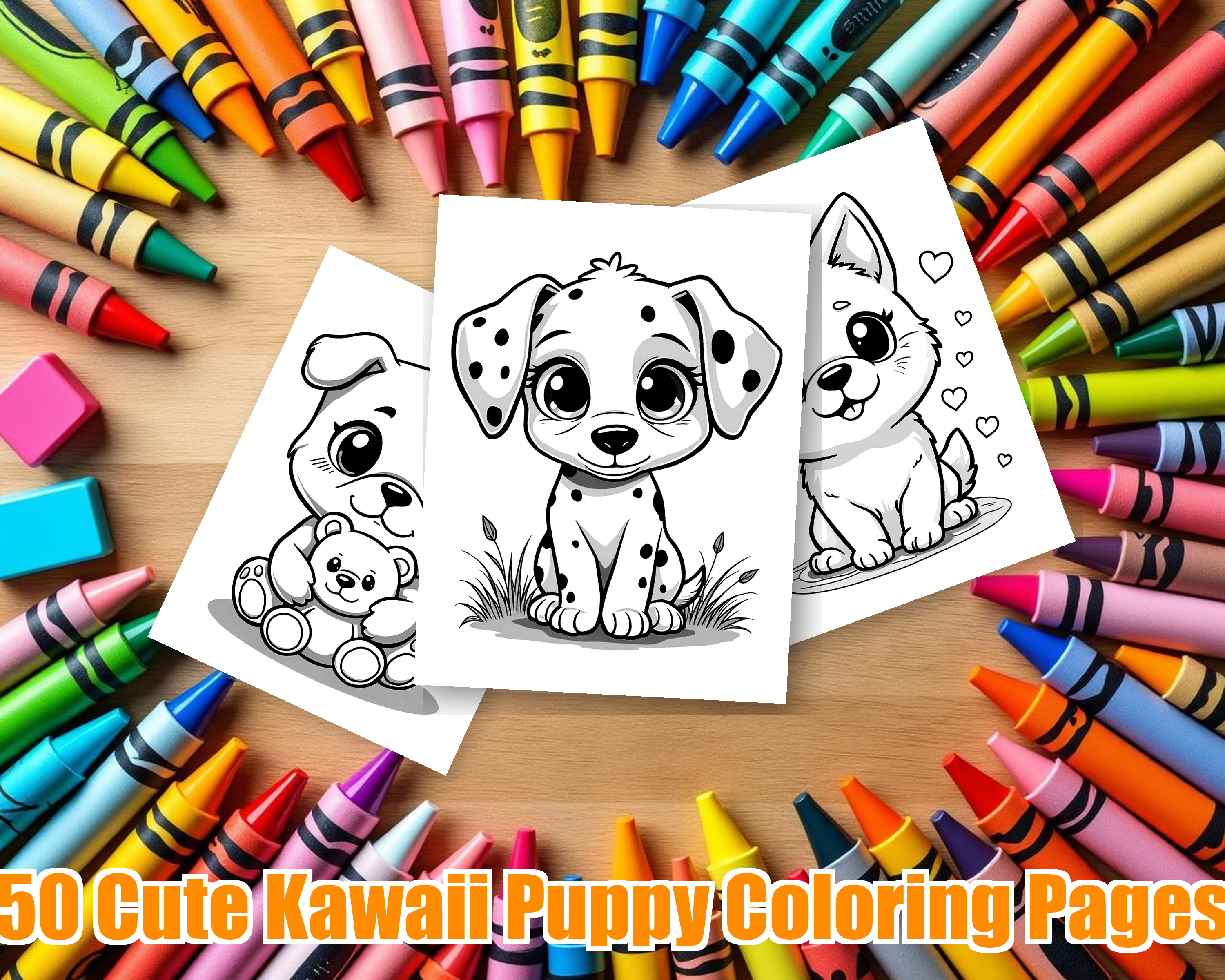 Cute Kawaii Puppy Coloring Pages - 50 Adorable Dogs for Kids - Printable PDF - Instant Download