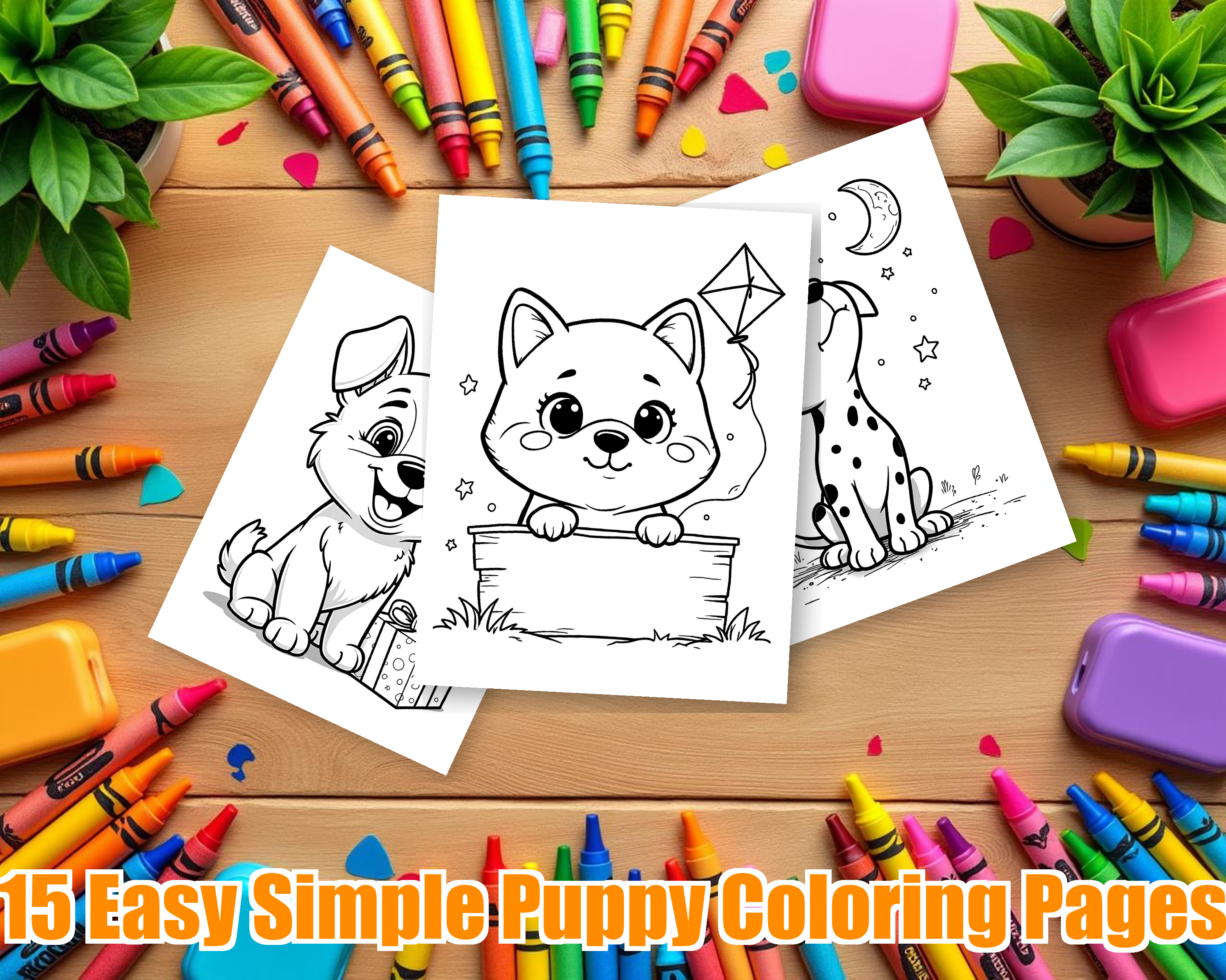 Easy Simple Puppy Coloring Pages - 15 Dogs for Kids - Printable PDF - Instant Download