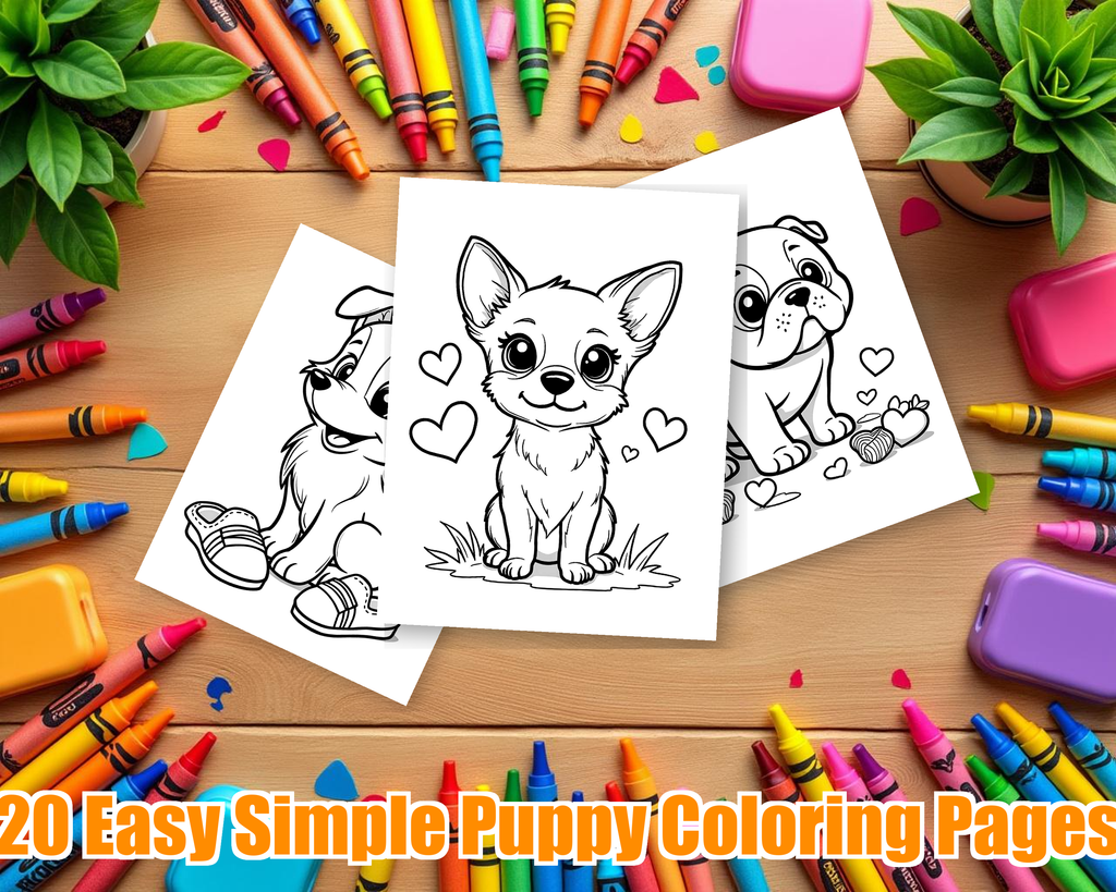 Easy Simple Puppy Coloring Pages - 20 Dogs for Kids - Printable PDF - Instant Download