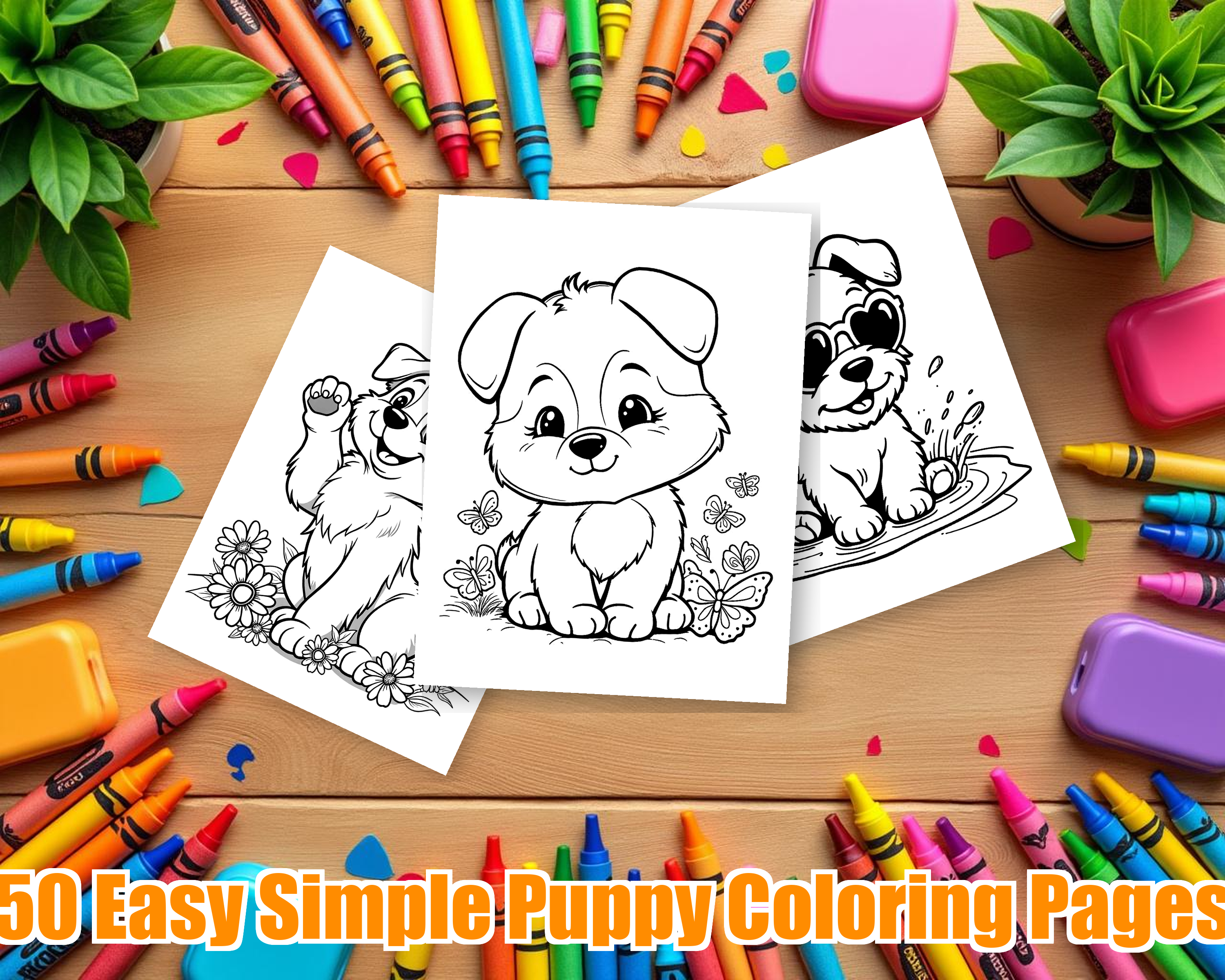 Easy Simple Puppy Coloring Pages - 50 Dogs for Kids - Printable PDF - Instant Download