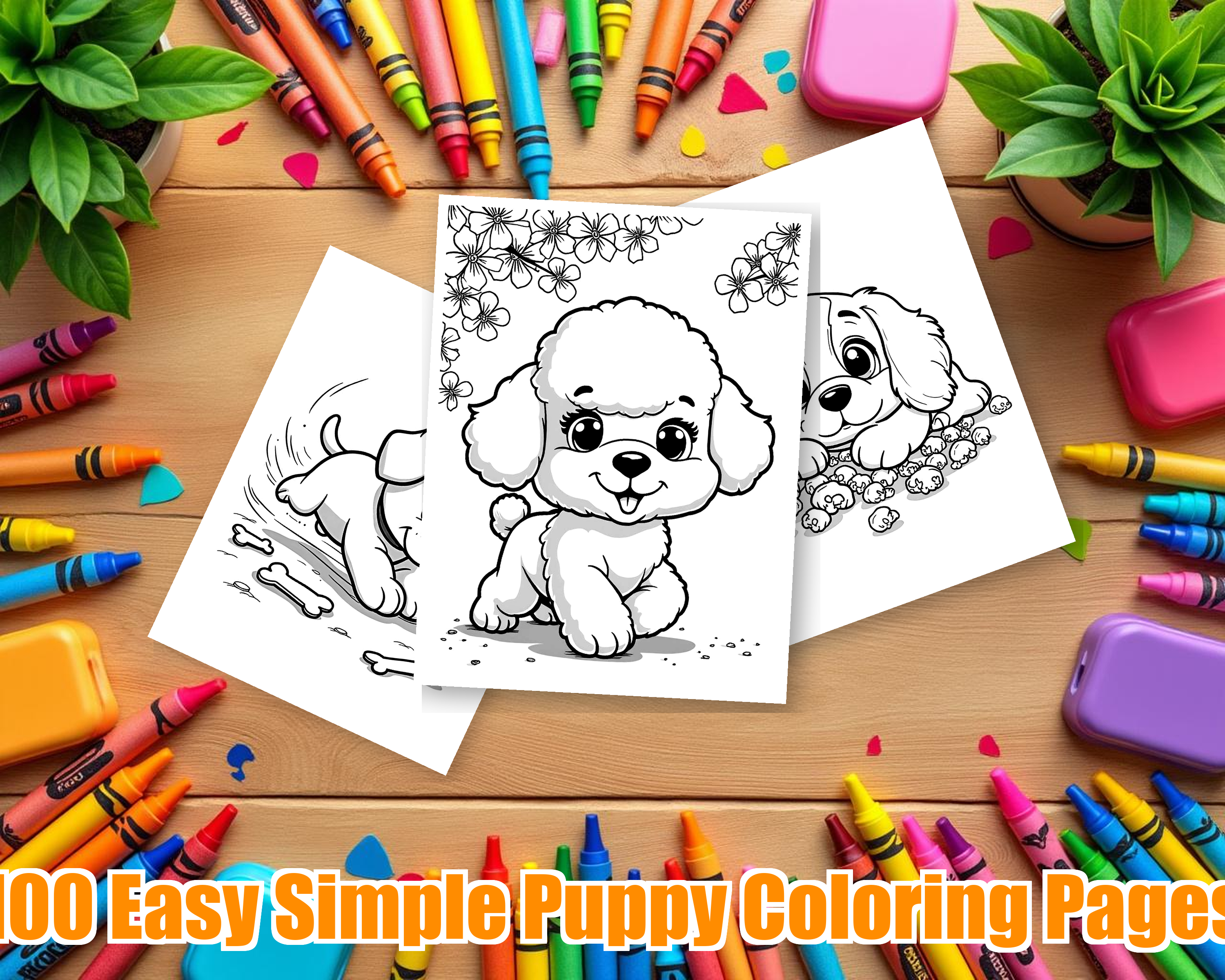 Easy Simple Puppy Coloring Pages - 100 Dogs for Kids - Printable PDF - Instant Download