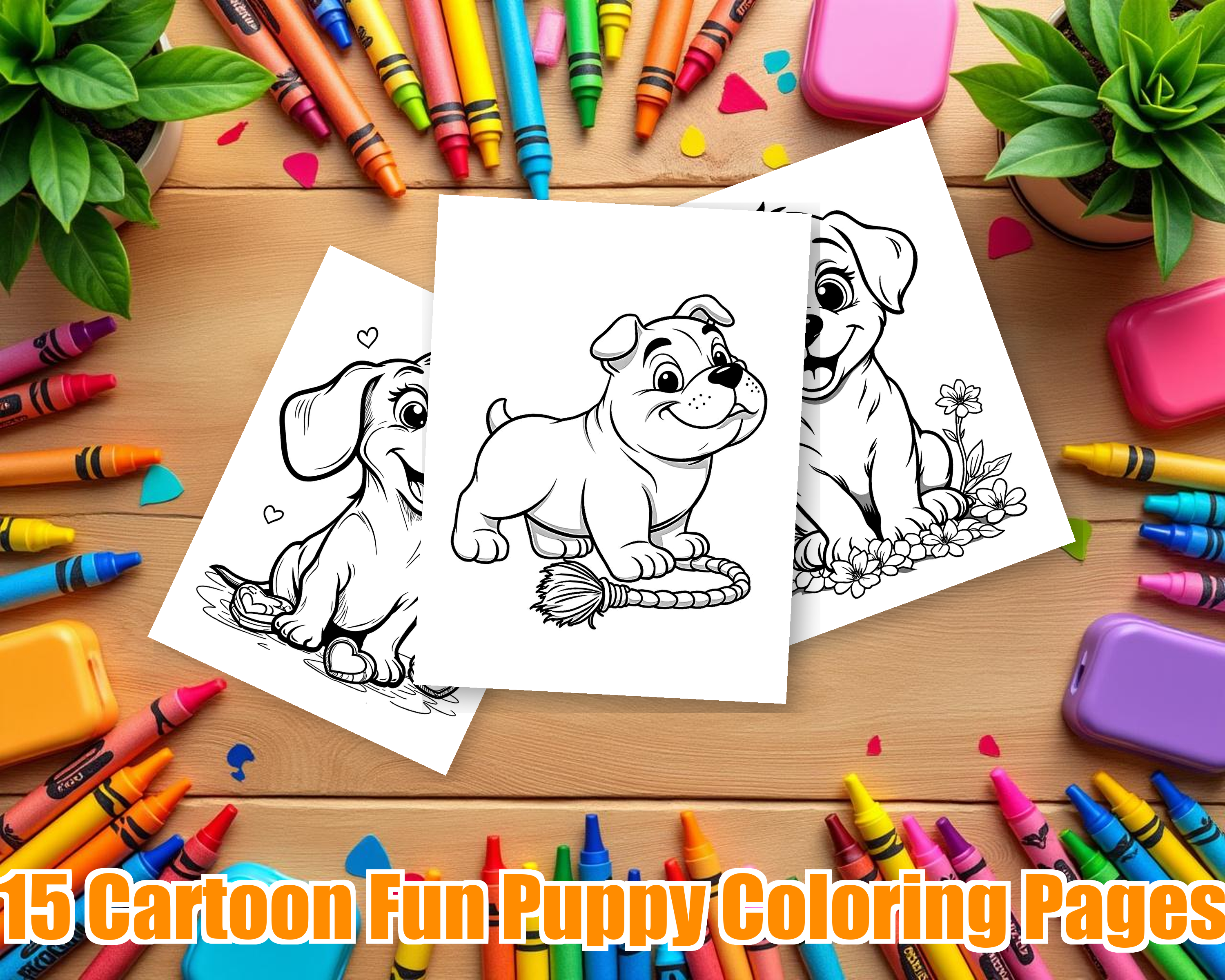 Cartoon Fun Puppy Coloring Pages - 15 Playful Dogs for Kids - Printable PDF - Instant Download