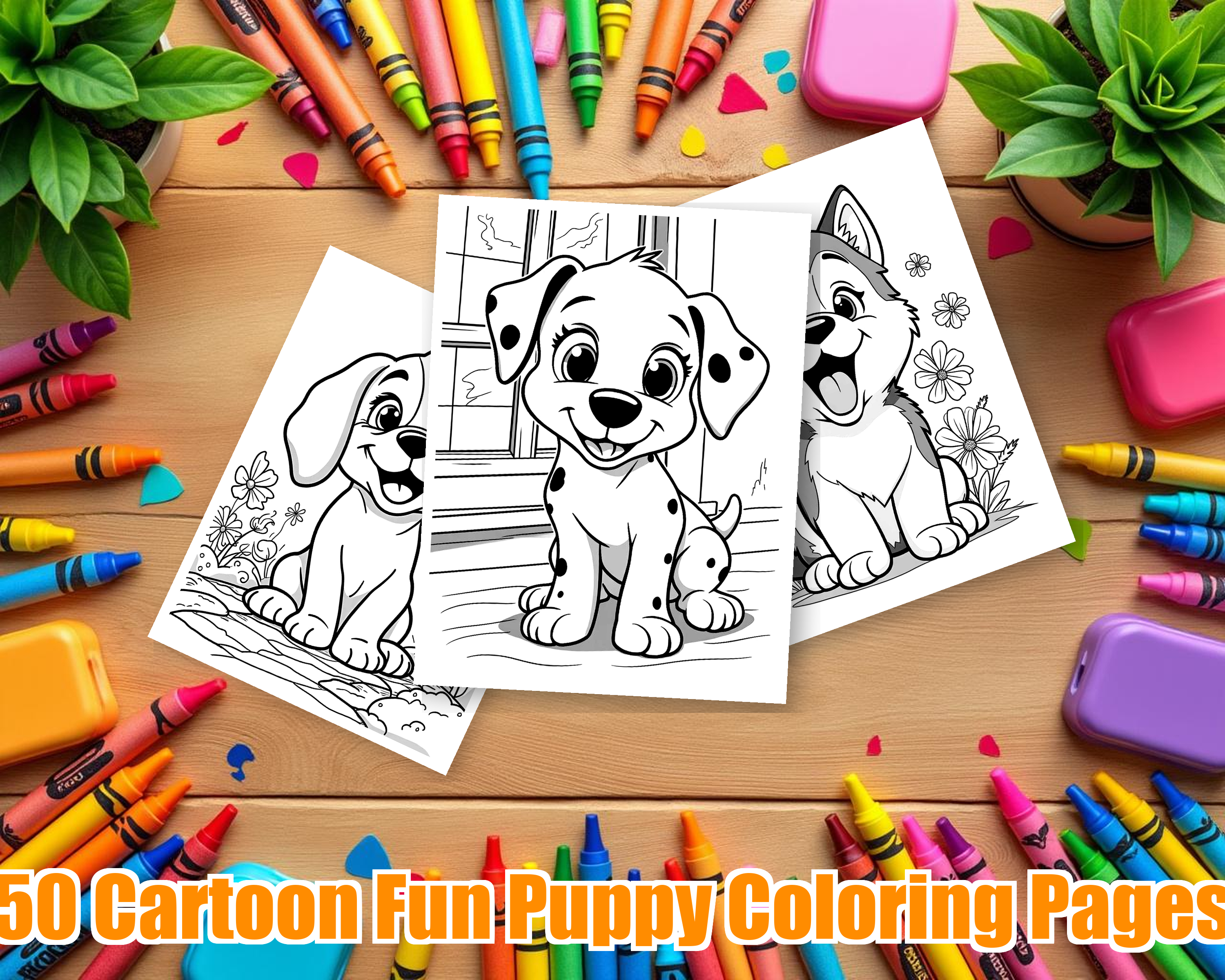 Cartoon Fun Puppy Coloring Pages - 50 Playful Dogs for Kids - Printable PDF - Instant Download